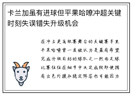 卡兰加虽有进球但平果哈嘹冲超关键时刻失误错失升级机会
